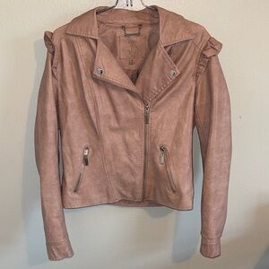 Jou Jou Women's Mauve/Taupe Faux Leather Jacket with Ruffle Accents